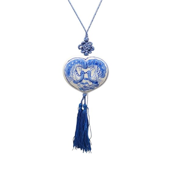 Flow Blue Peacock Love Ceramic Heart Pendant Necklace Vintage 26" Cord & Tassel - Picture 7 of 13